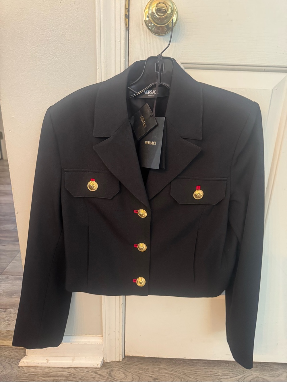 Versace Black Cropped Blazer with Gold Buttons